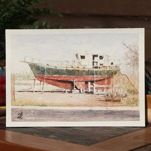Original Watercolor Painting of a Red & Green Boat in Australia 11.5 x 8